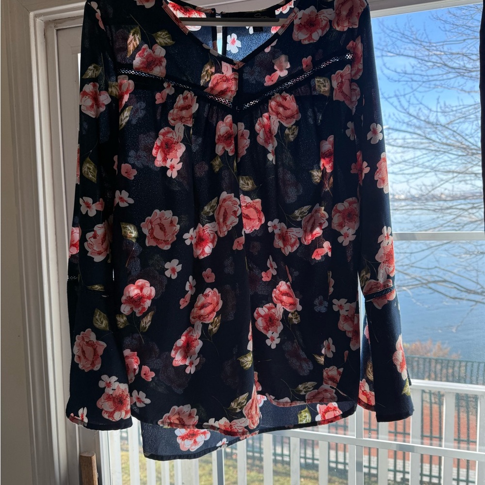 Floral Navy Blue Women's Top with Bell Sleeves